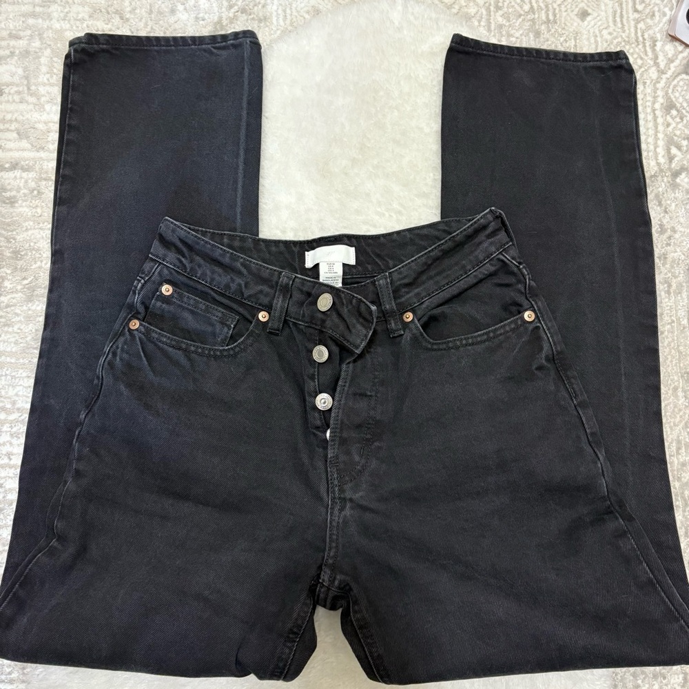 H&M black denim multi button fly closure high rise straight leg jeans